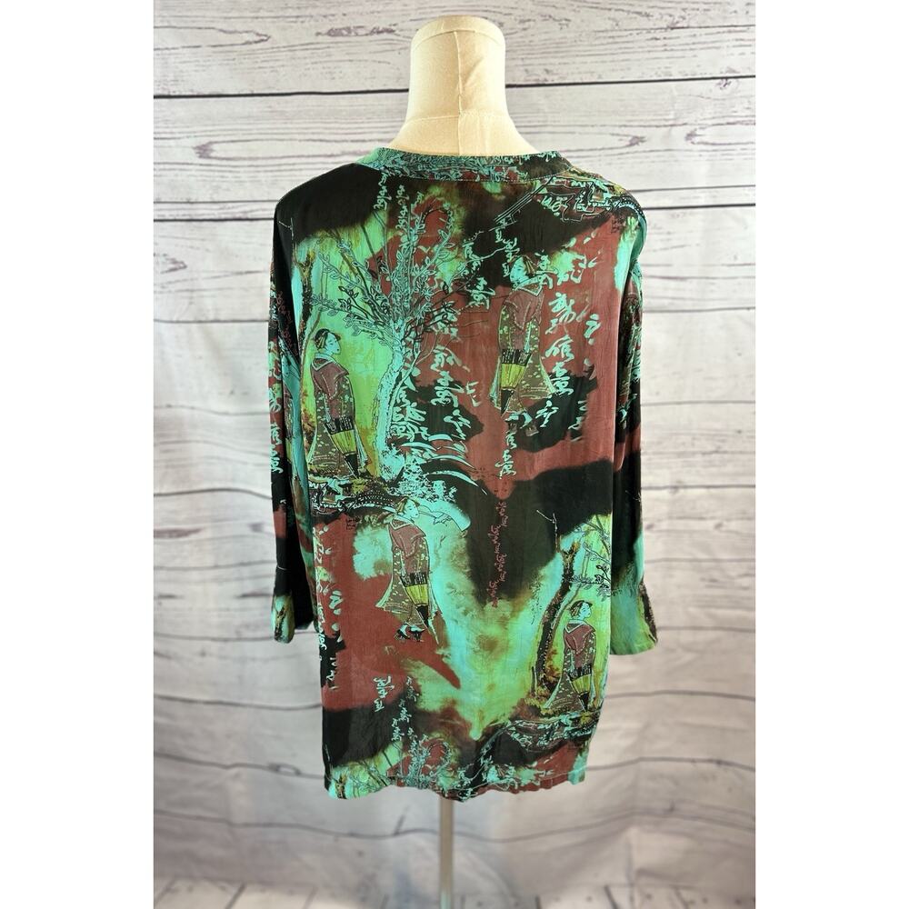 Vintage Tianello Blouse Womens XL Multicolor Oriental Print Rayon Wrap Style Top - Picture 4 of 6